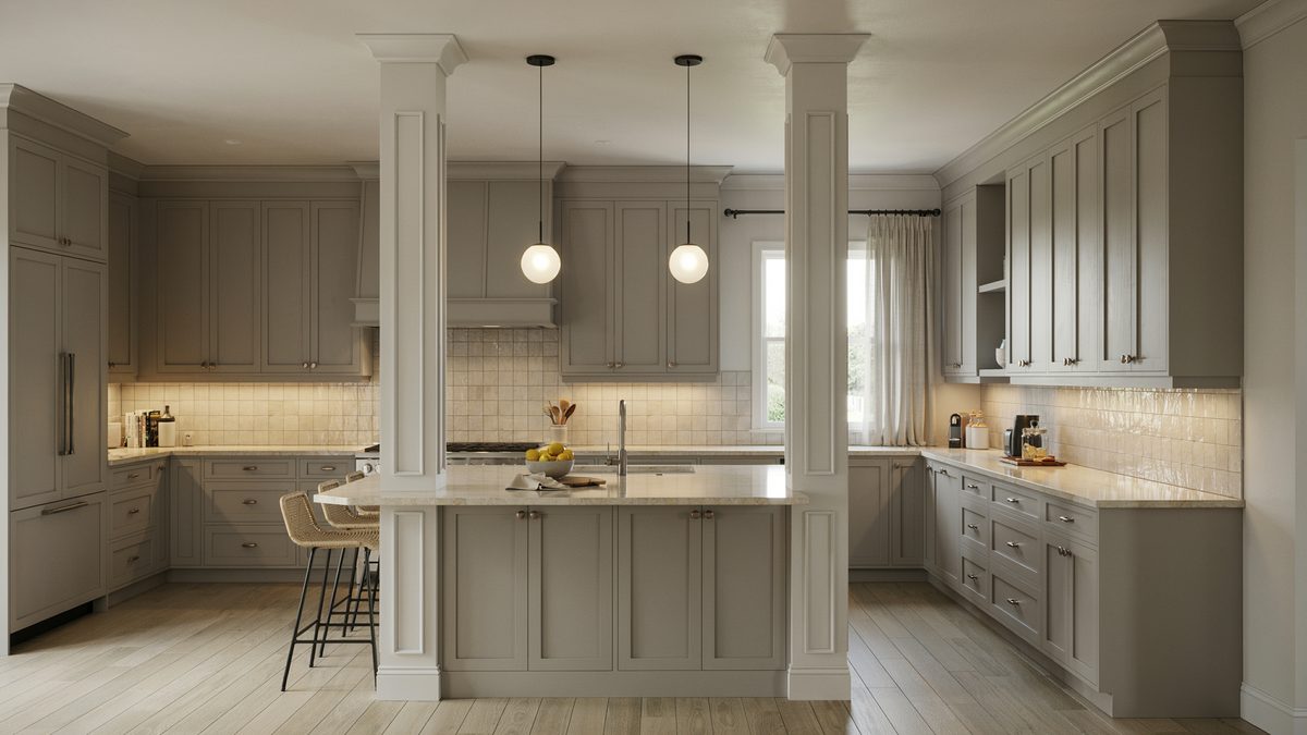 Two paneled white columns with capitals flanking a greige traditional kitchen island