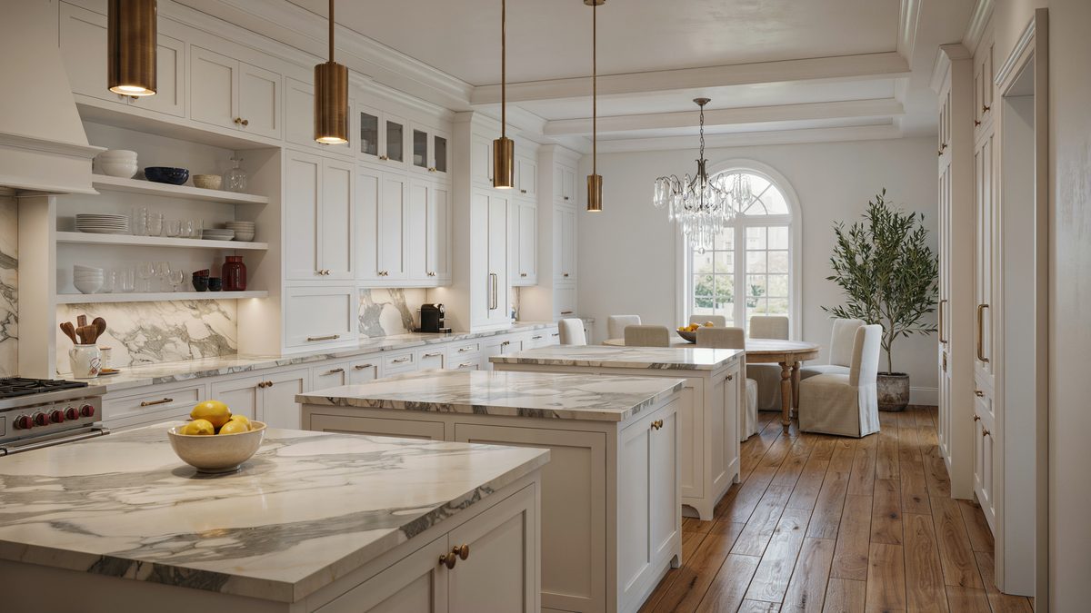 Three pale islands wrapped in veined Calacatta marble lead toward an arched window
