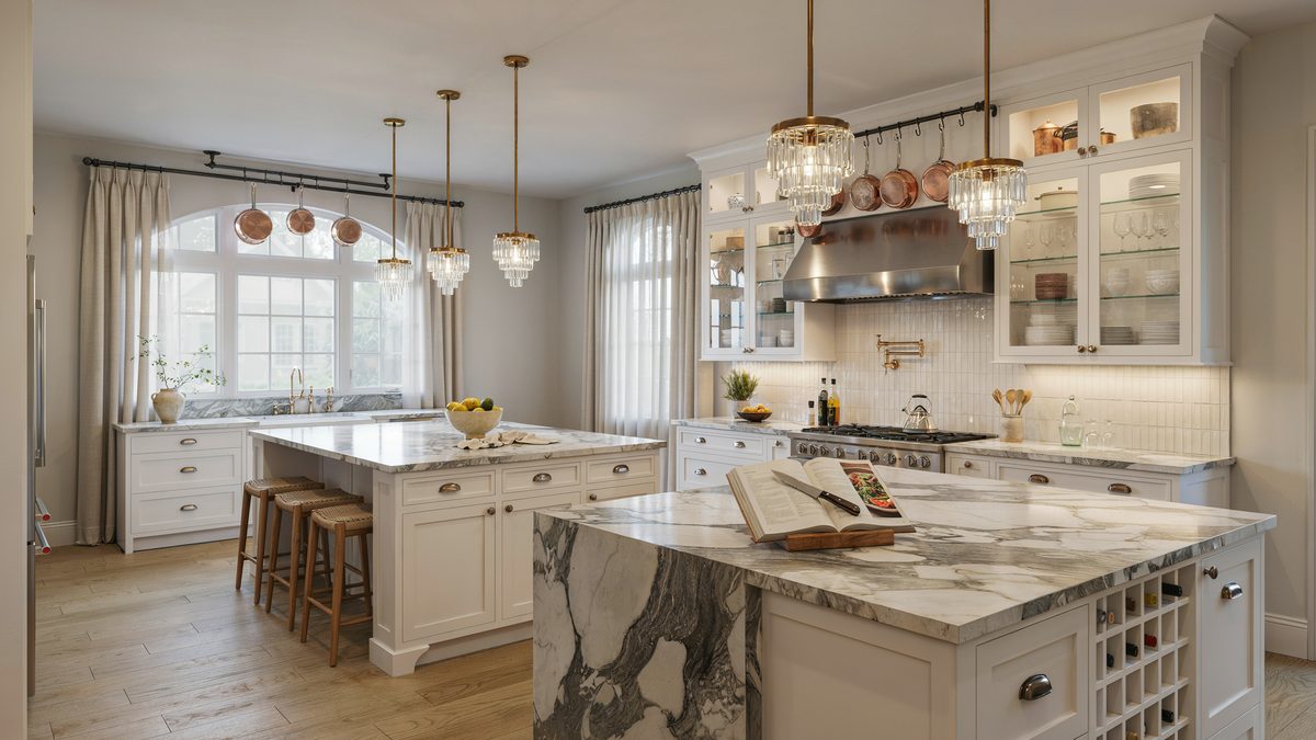 Crystal chandeliers glowing over two Carrara marble islands and glass cabinets