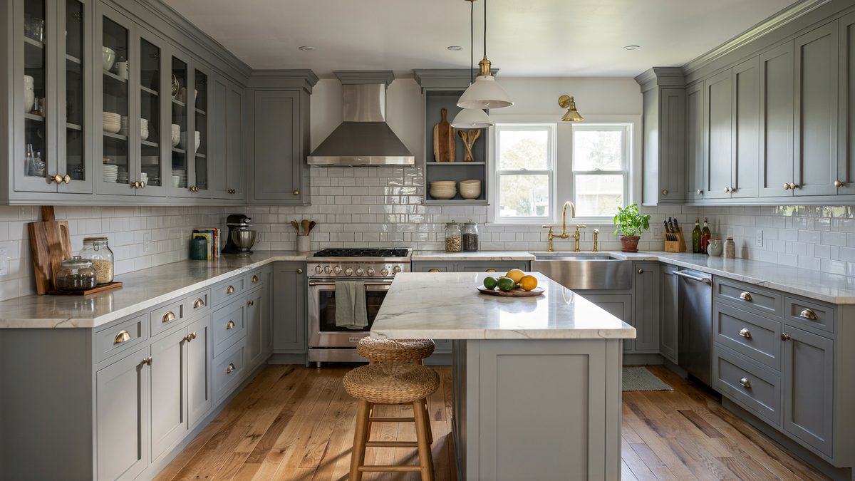 Gray shaker cabinets and glass uppers framing a bright marble topped island