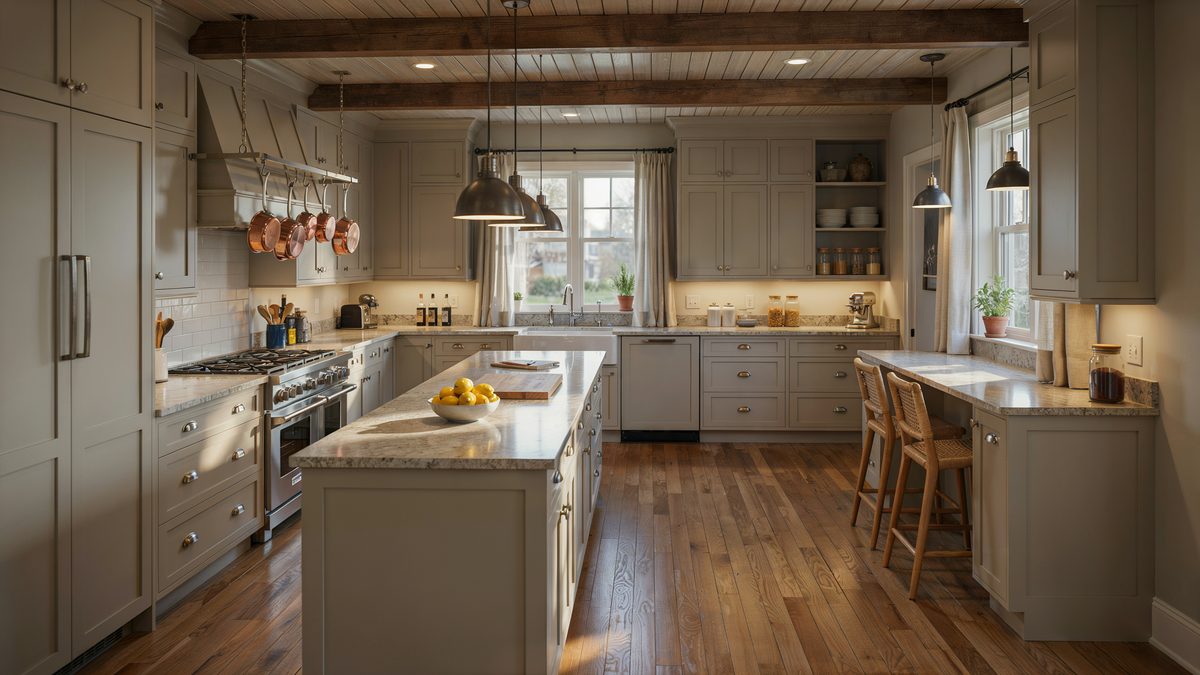 Narrow marble prep island and taupe breakfast bar beneath a ceiling beam
