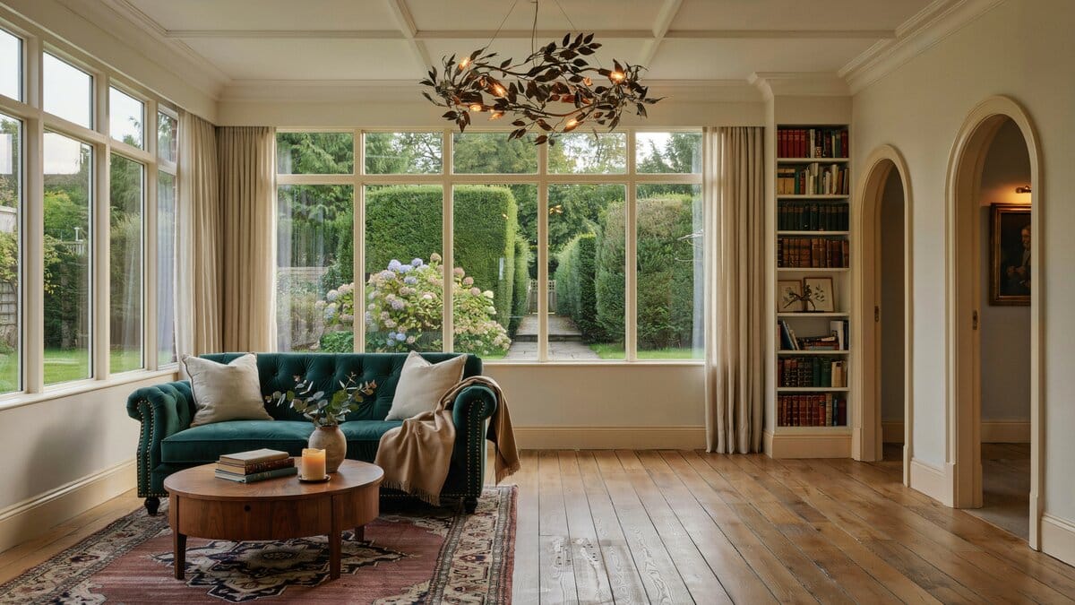 Traditional living room with wood flooring and custom chandelier with branches and leaves