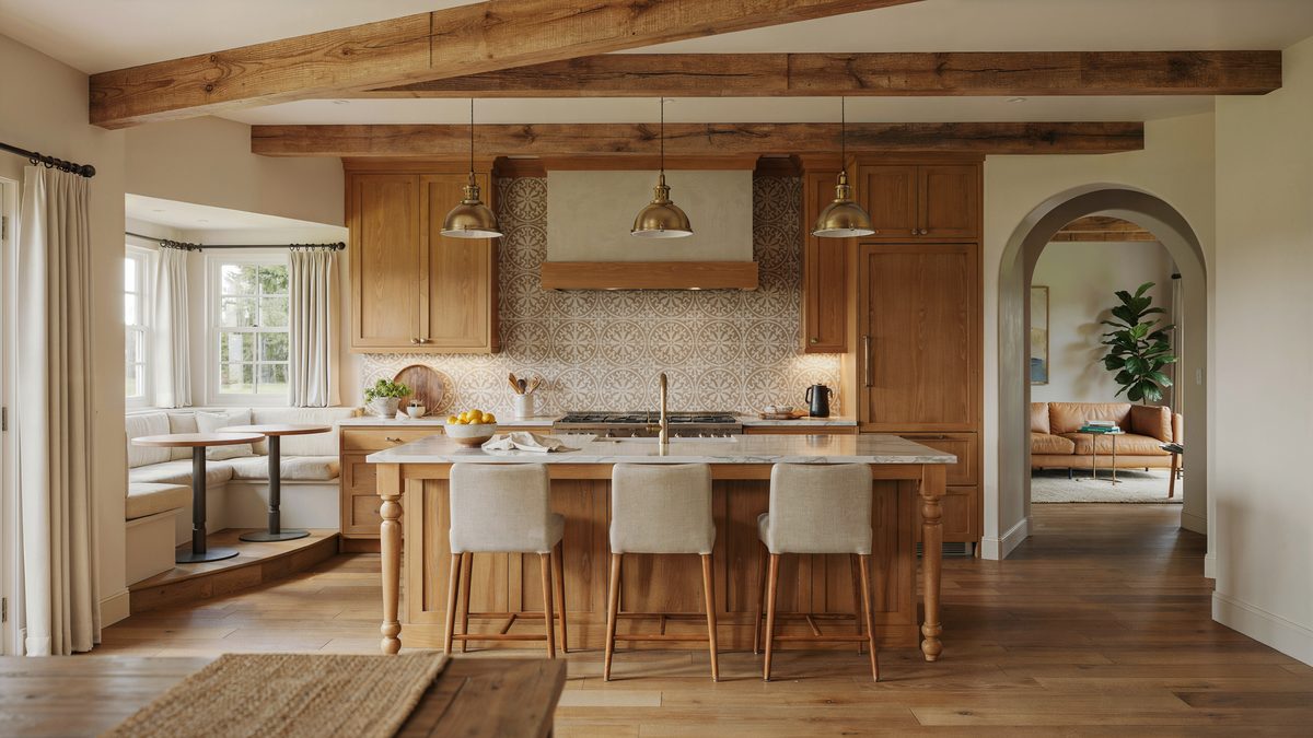 Oak cabinetry, beamed ceiling and an arabesque backsplash behind a seated island