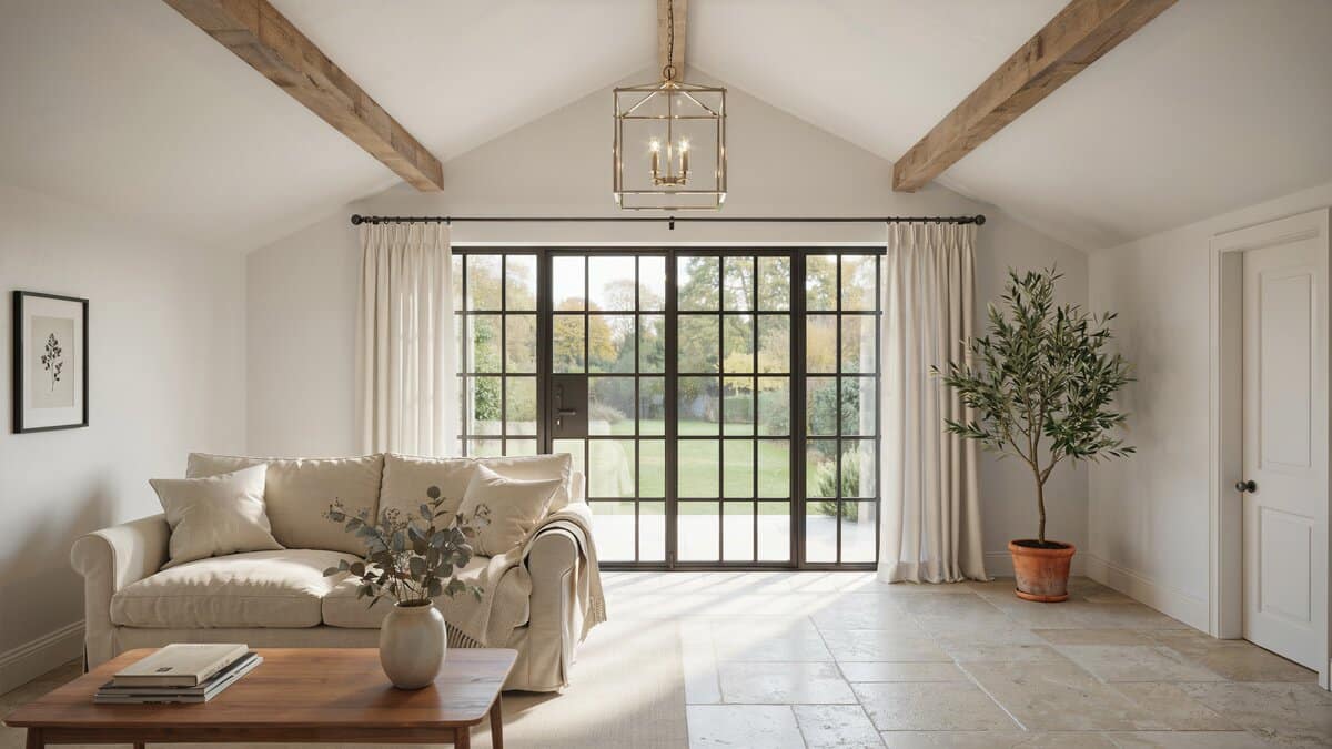 Traditional white living room with picture window views and vaulted ceiling