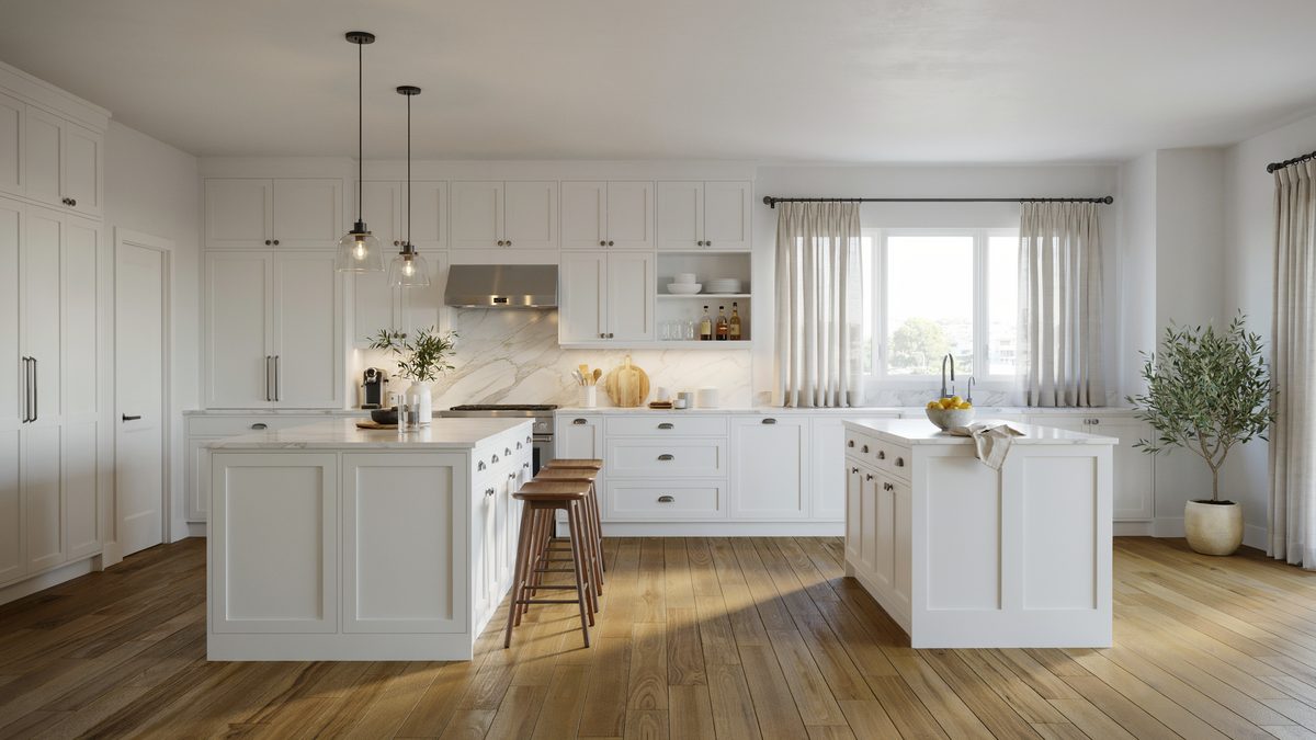 Two white paneled islands with wood stools on warm walnut flooring