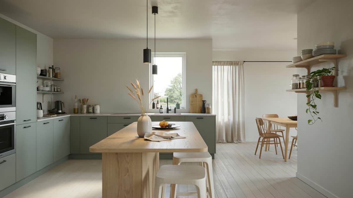 Sage green cabinets pair with a pale wood island near a bright dining corner