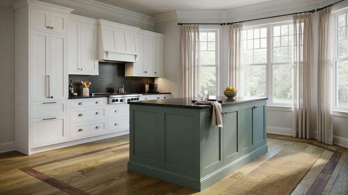 Green island with a black soapstone top set against white cabinets and bay windows