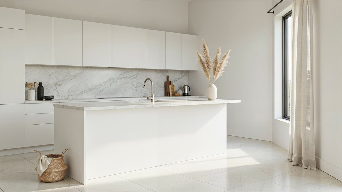 Minimalist handleless white kitchen with polished marble floors and a marble backsplash