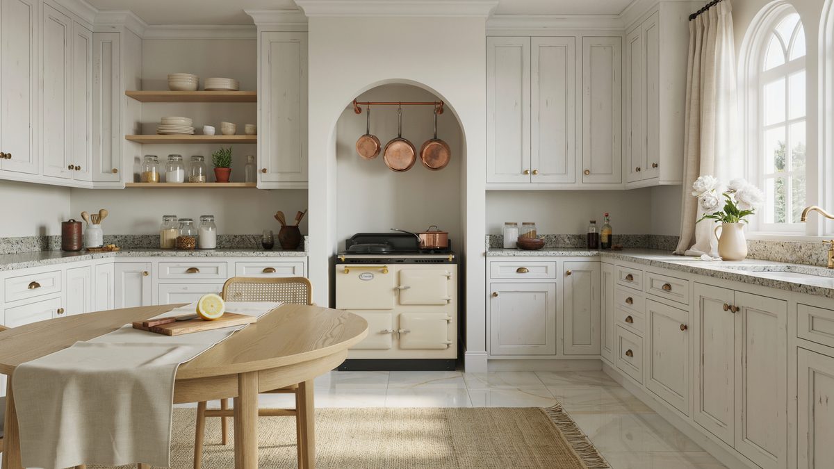 Antiqued cream cabinets with speckled granite counters around a cream range alcove