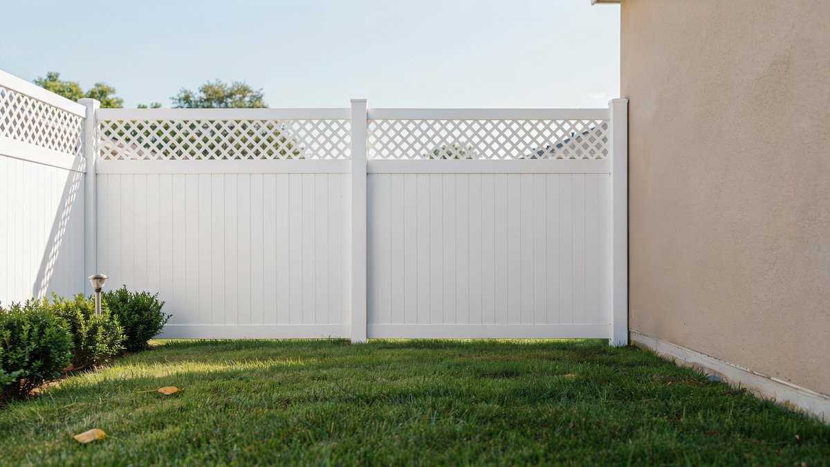 Two white vinyl panels with lattice tops joined at a post