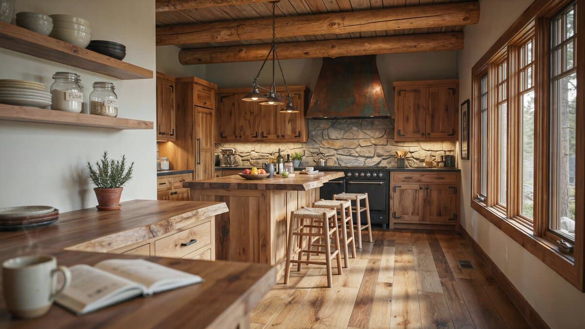 Wood beam kitchen with u shaped island, breakfast bar seating and copper range hood