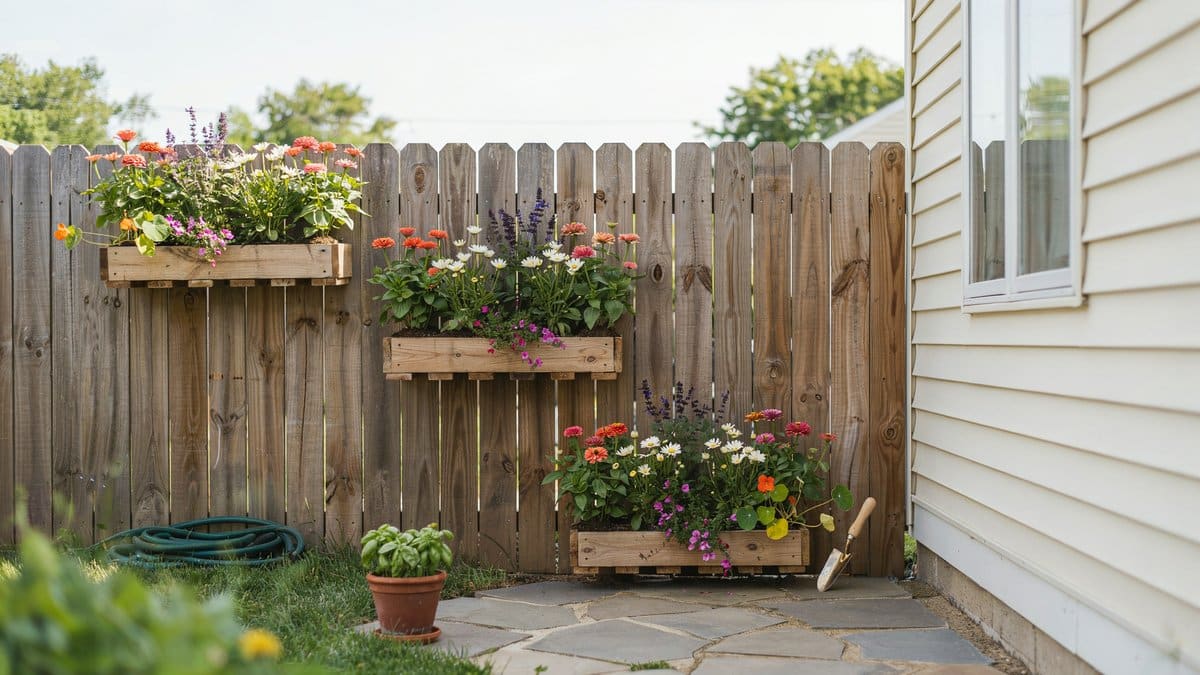 Pallet planter boxes of flowers mounted on a wood fence