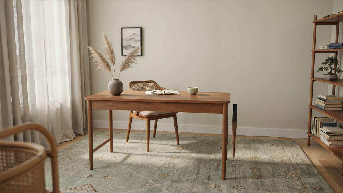 Soft green and brown patterned rug filling the floor under a walnut desk