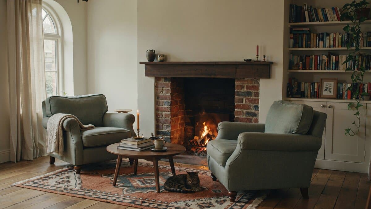Two green armchairs beside a red brick fireplace with patterned rug and bookshelves