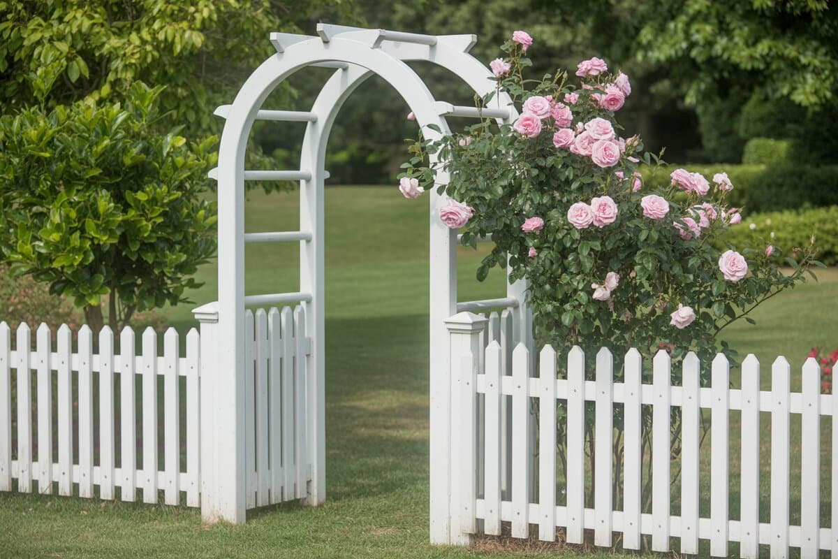 White arched arbor gate with pink climbing roses beside a white picket fence