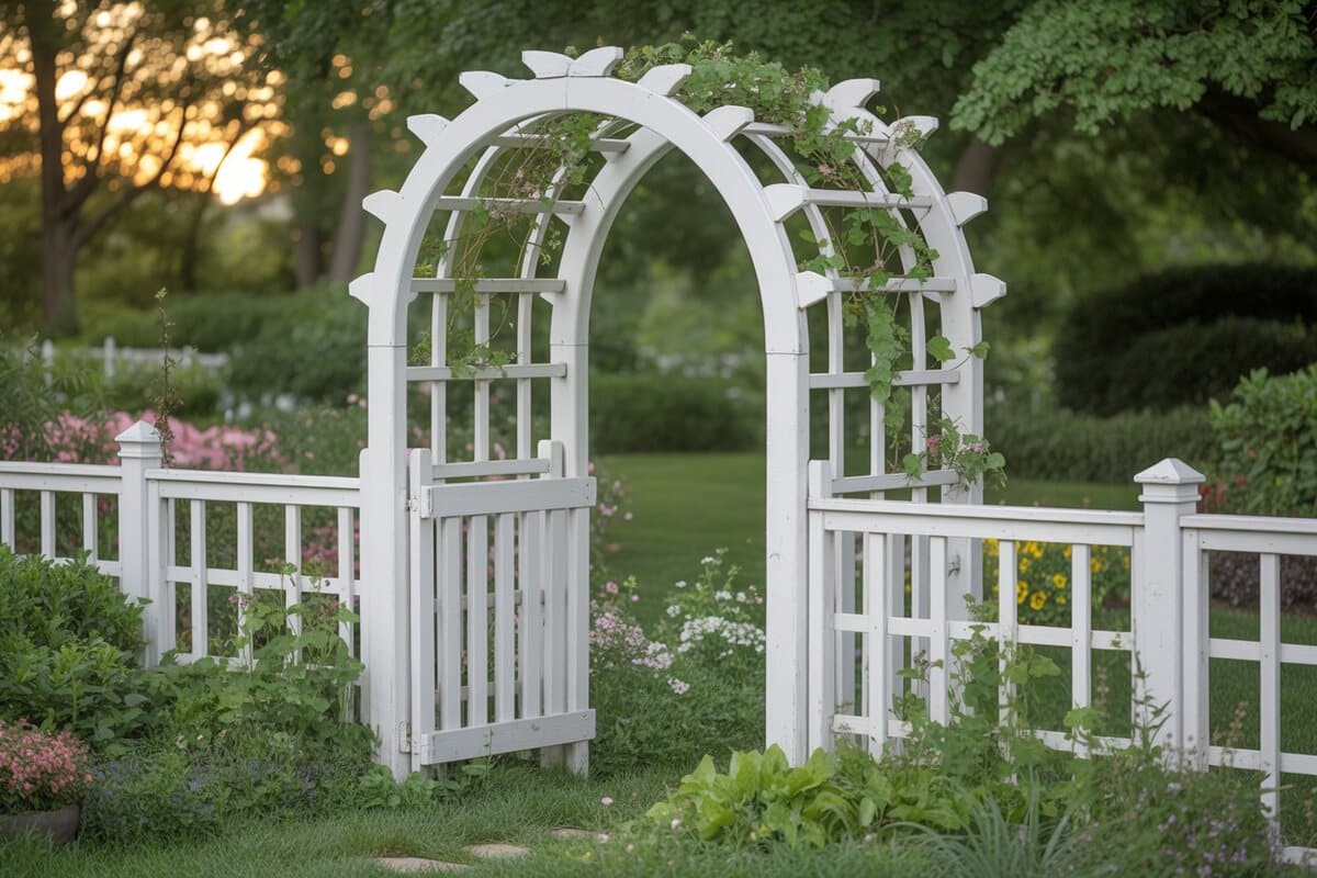 Curved white wooden arbor gate with trellis sides in a flowering garden