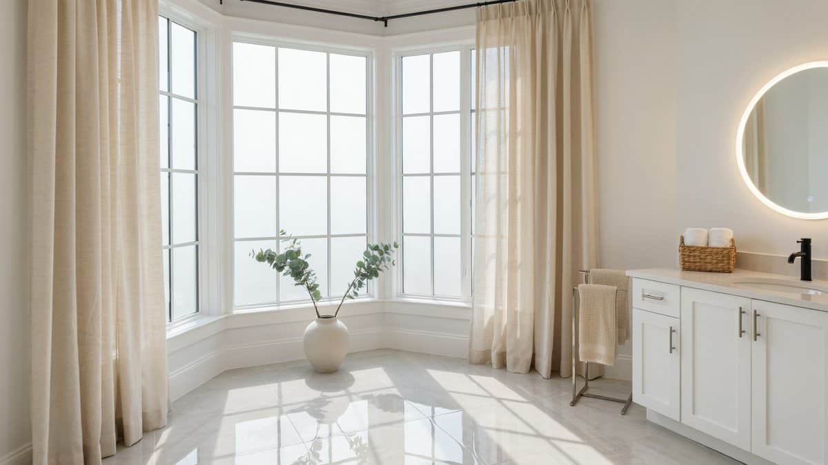Glossy white porcelain floor tile in a bay window bathroom with white vanity