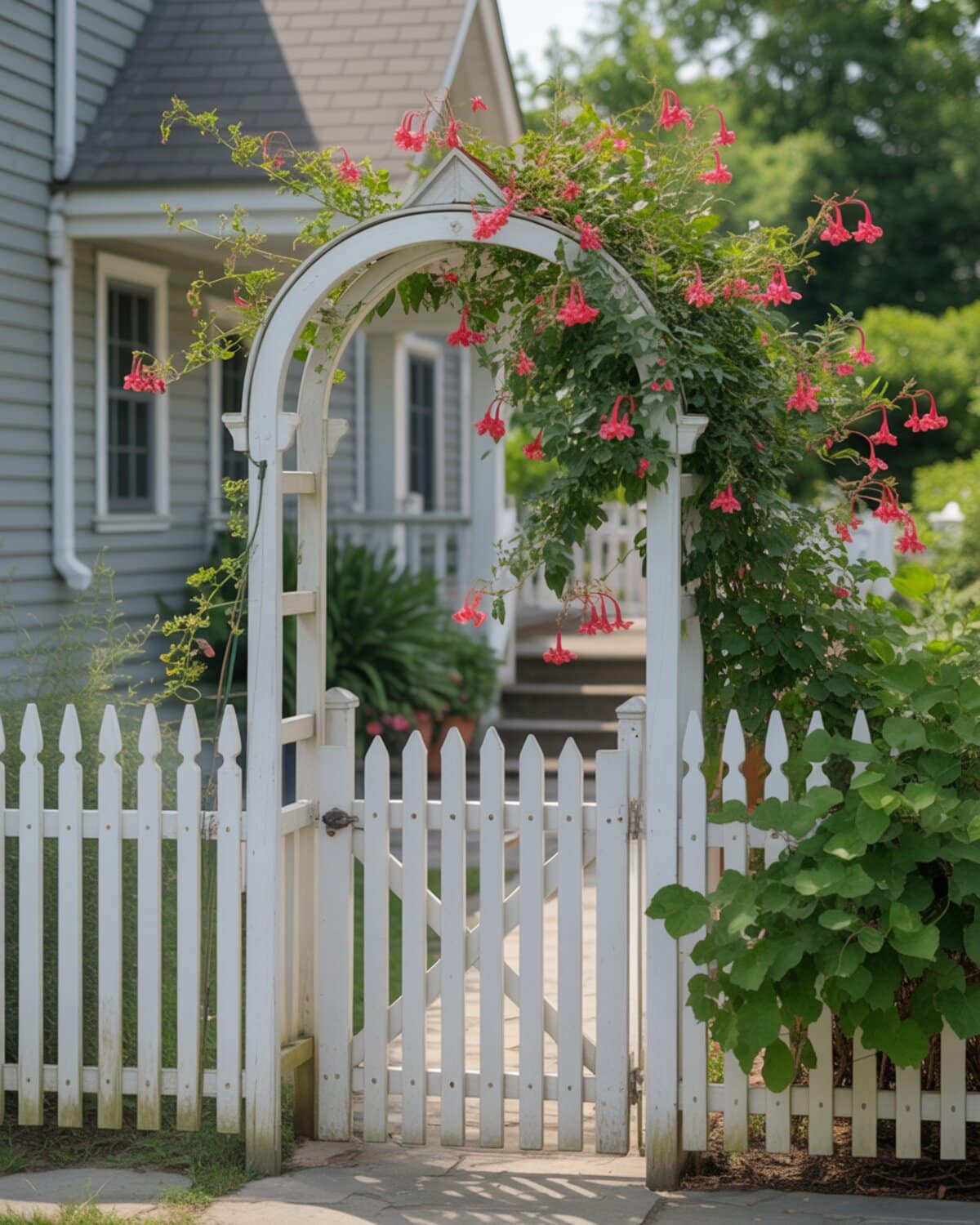 White picket gate arbor draped with red trumpet vine near a gray house