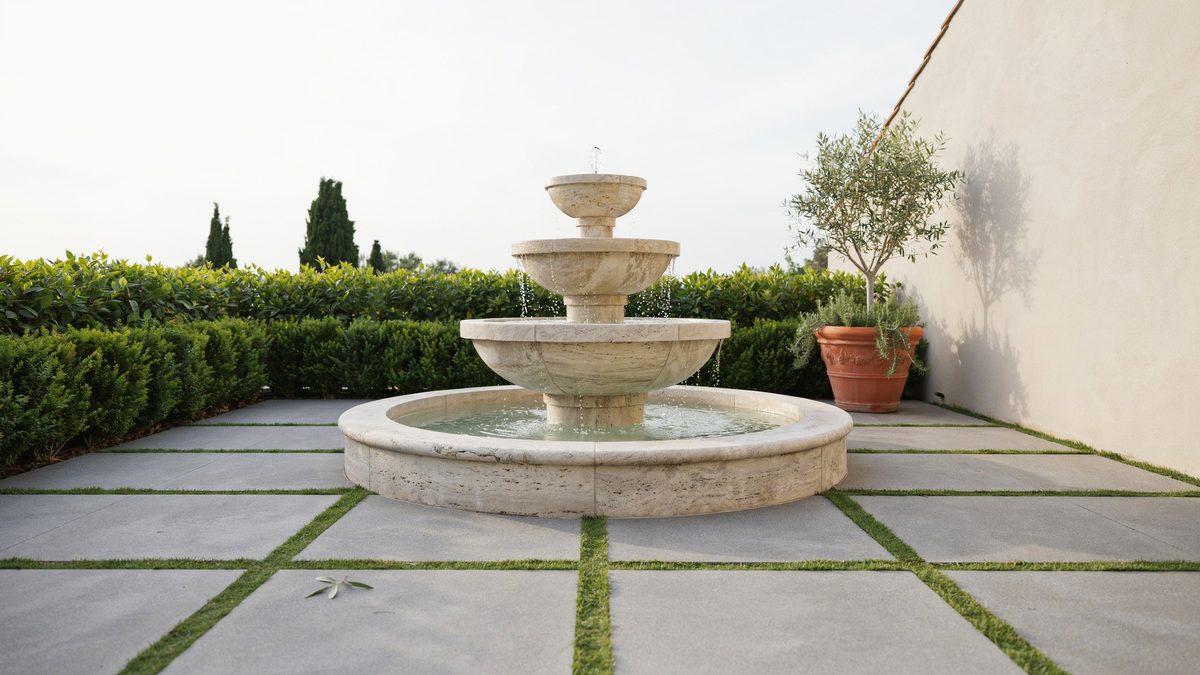 Gray concrete pavers with grass joints around a tiered stone fountain