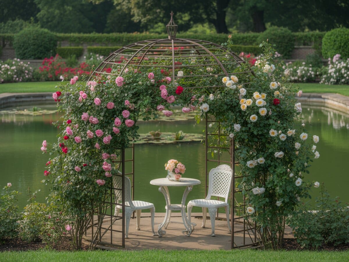Domed metal rose arbor with white iron chairs beside a calm garden pond