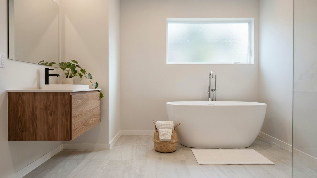 Marble look vinyl tile floor with a walnut vanity and freestanding soaking tub
