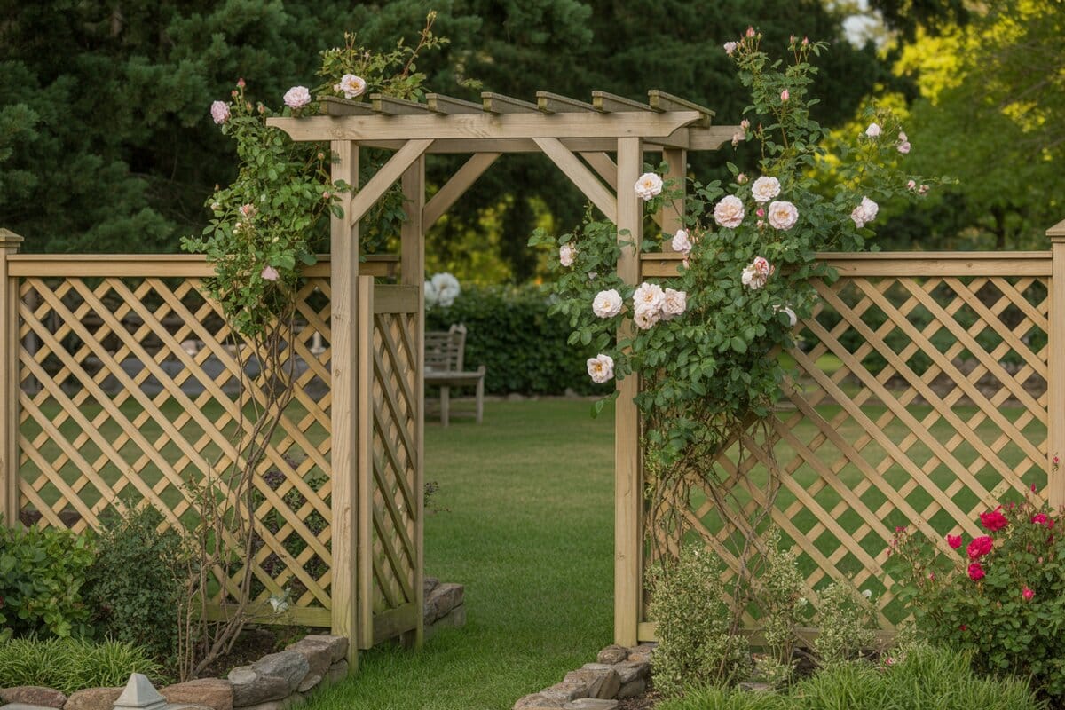 Natural wood lattice arbor gate covered in soft pink climbing roses
