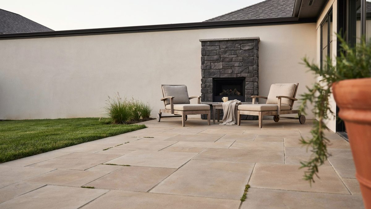 Rundle stone paver patio facing a stacked slate outdoor fireplace