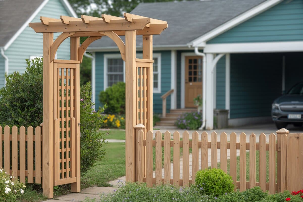 Cedar arbor and picket fence framing a path to a blue cottage