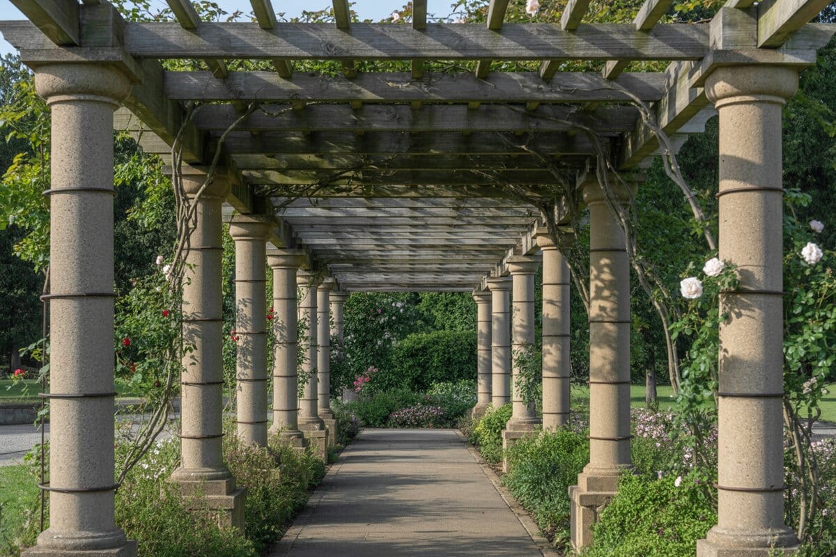 Stone column pergola tunnel shading a paved rose lined garden walkway