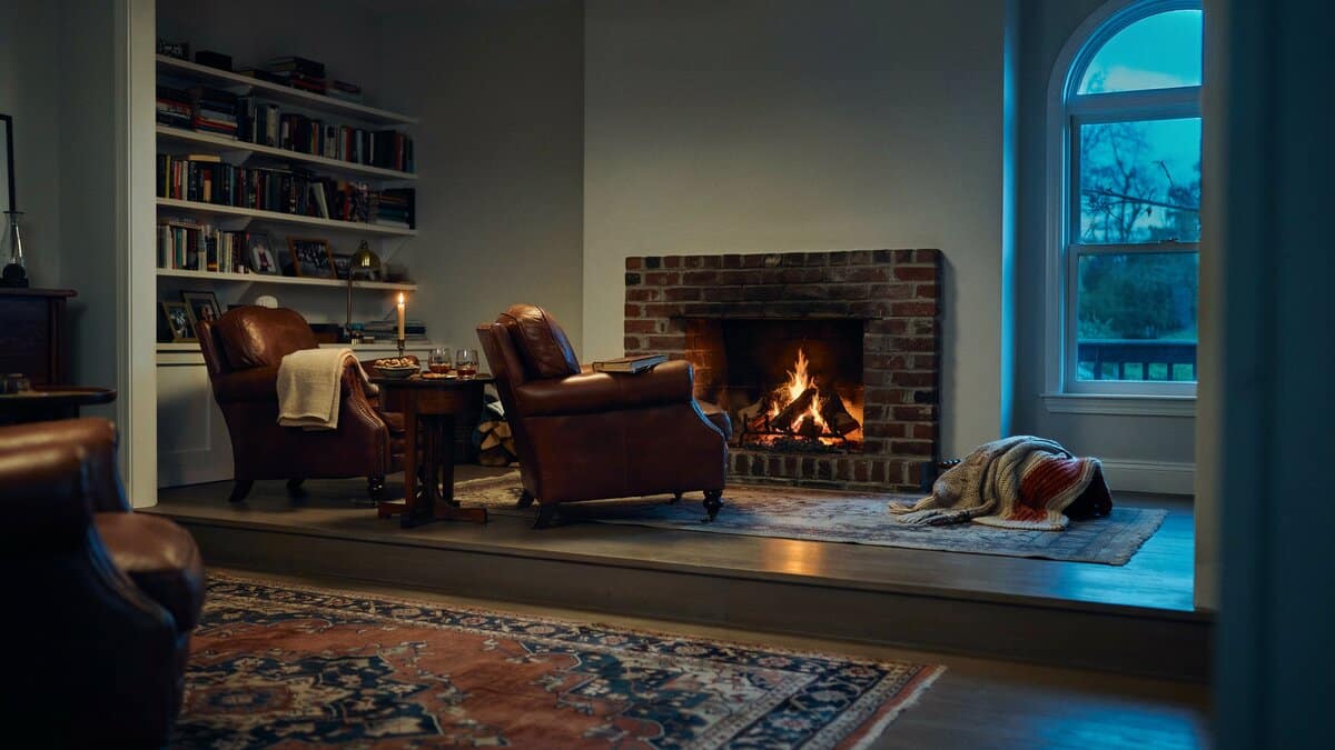 Brown leather armchairs in a sunken living room around a lit brick fireplace