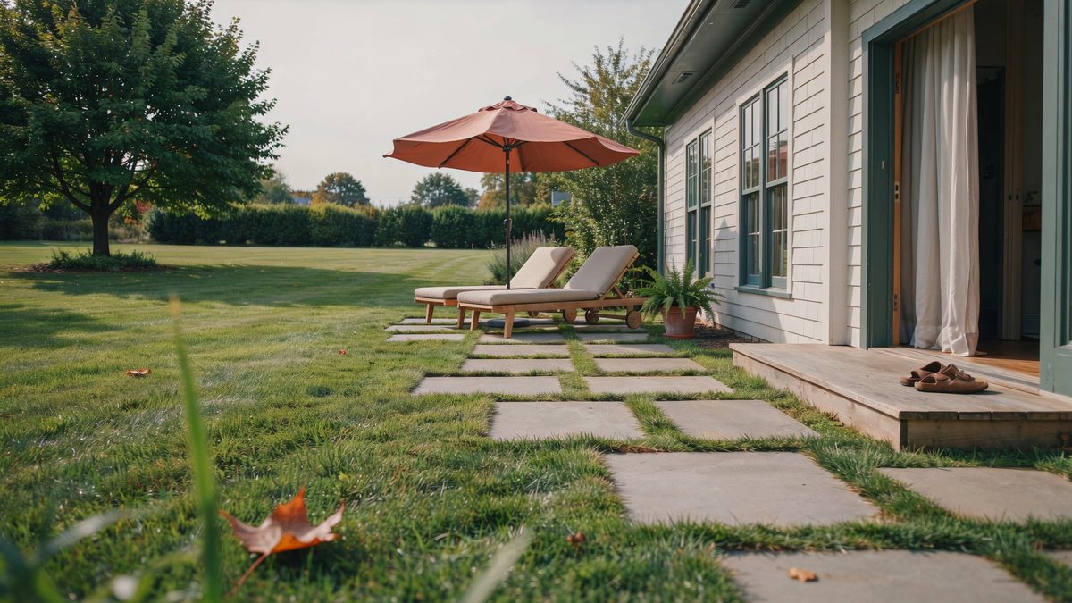 Step stones through grass to lounge chairs under a coral patio umbrella