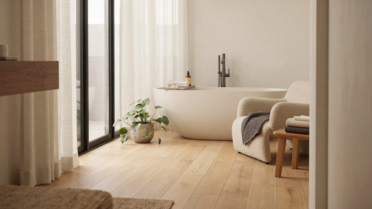 Engineered wood floor with a freestanding tub, lounge chair and tall glass doors