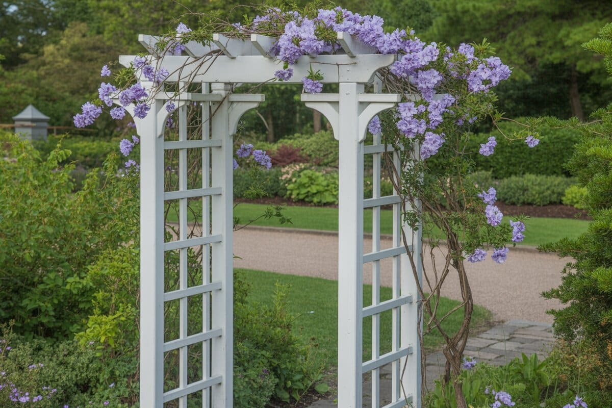 White trellis arbor topped with purple blooms beside a gravel path