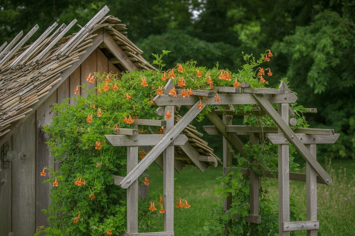 Weathered wood arbor beside a shed covered in bright orange trumpet flowers