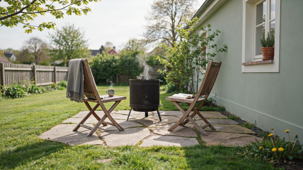Irregular flagstone sitting area in grass with a black portable fireplace