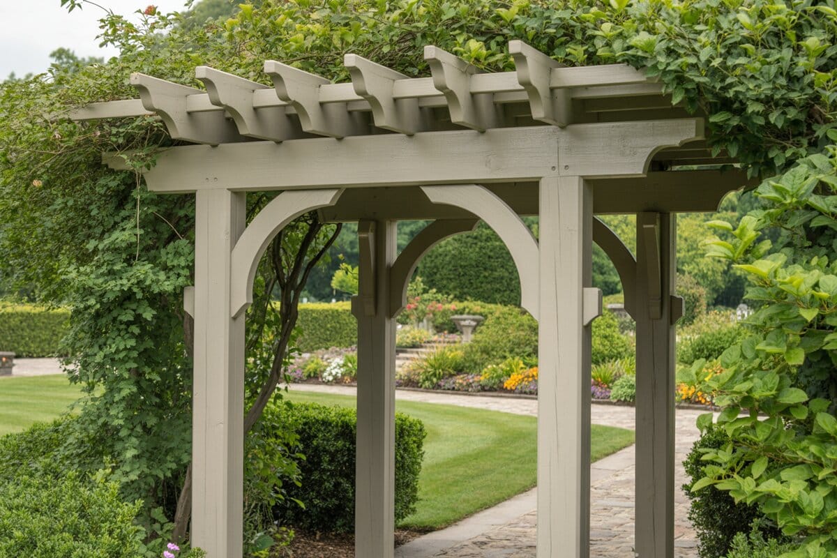 Sturdy painted wood pergola arbor framing a manicured garden path