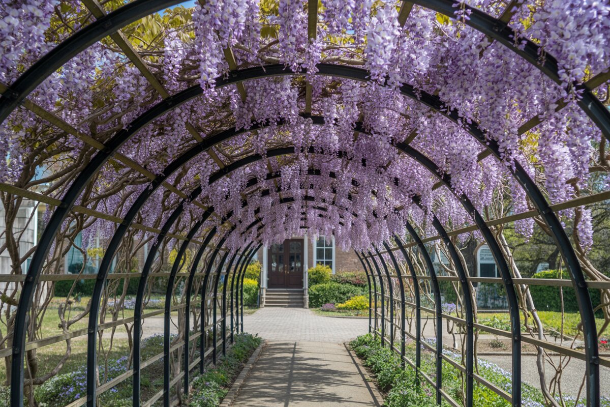 Metal arch tunnel dripping with purple wisteria over a brick path