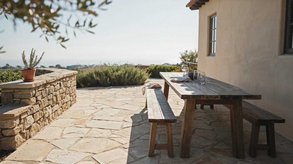 Golden flagstone terrace with a long wood table and stacked stone wall
