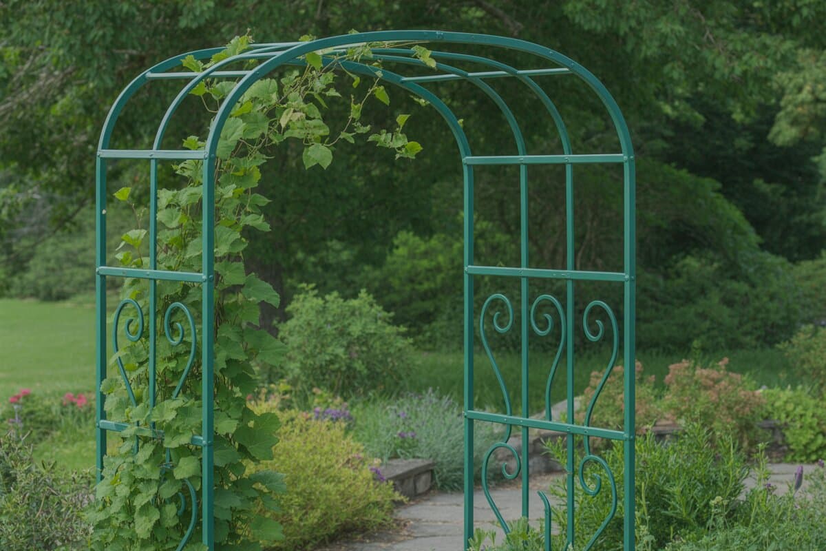 Teal scrollwork metal arbor with green climbing vines on a stone patio
