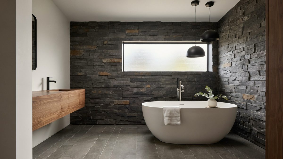 Gray slate floor and stacked stone wall behind a curved freestanding tub