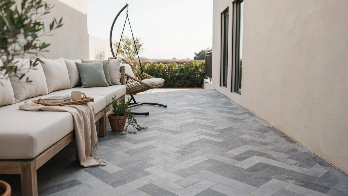 Chevron slate paving beside a cushioned daybed and hanging egg chair