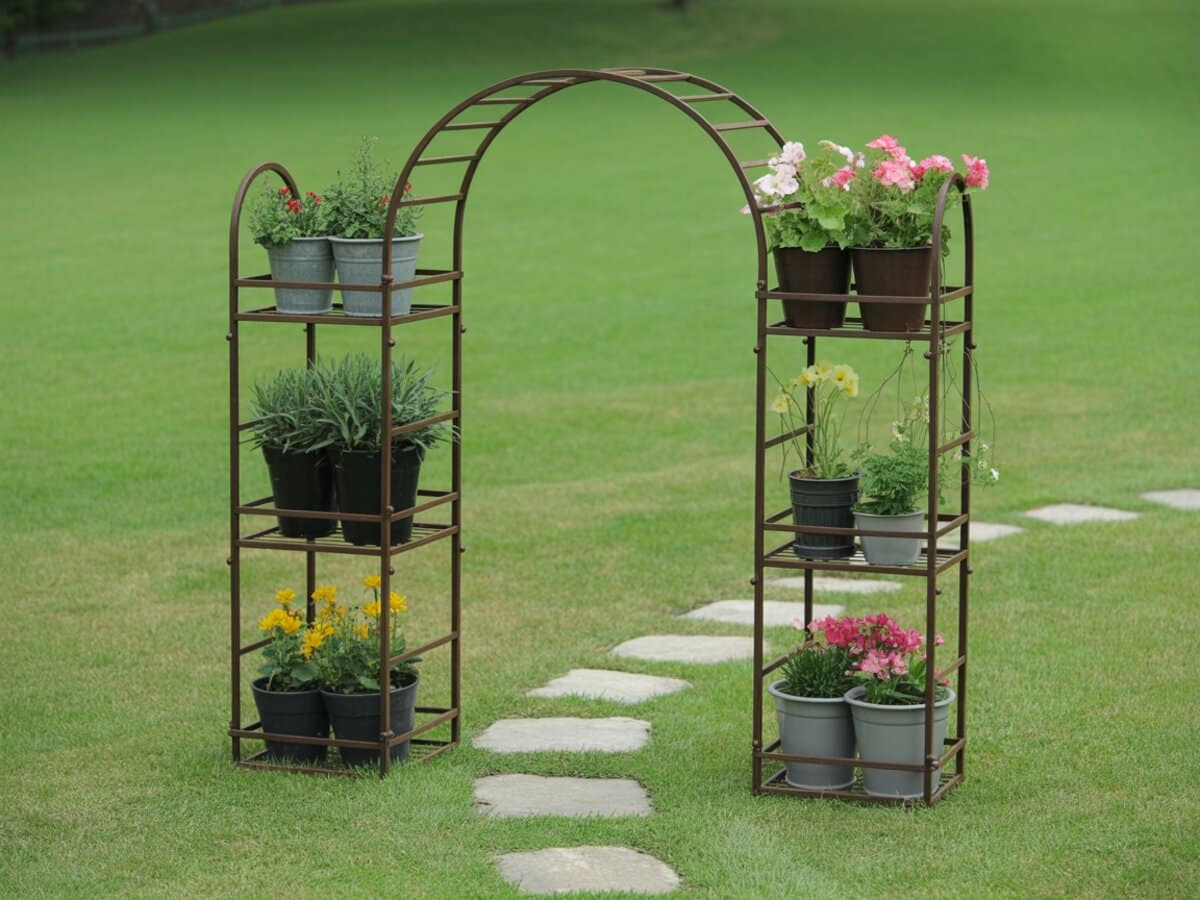 Twin metal arbors holding potted flowers along a stepping stone path