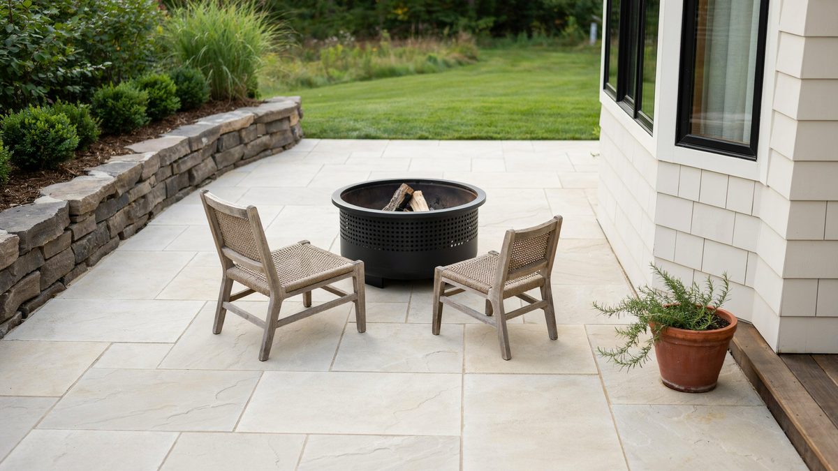 Pale marble pavers around a metal fire bowl with a rock retaining wall