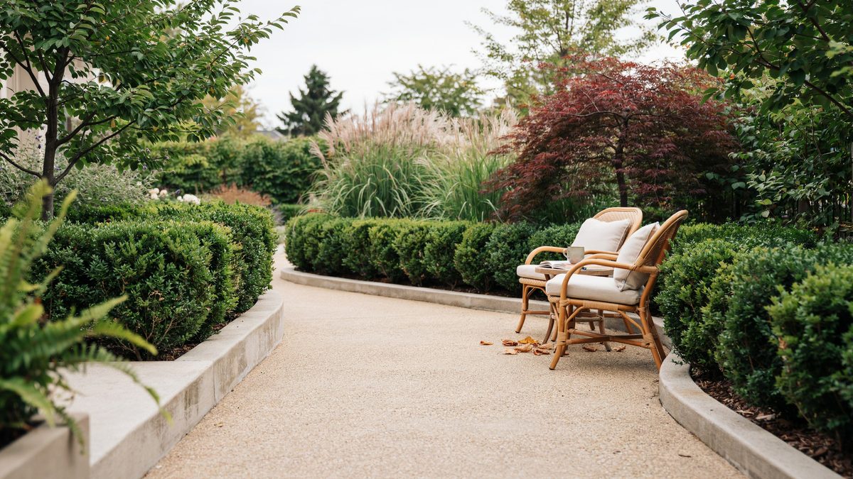 Decomposed granite path with a concrete edge between clipped boxwood hedges