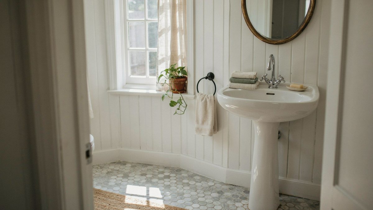 Round white marble mosaic floor with a pedestal sink and beadboard walls