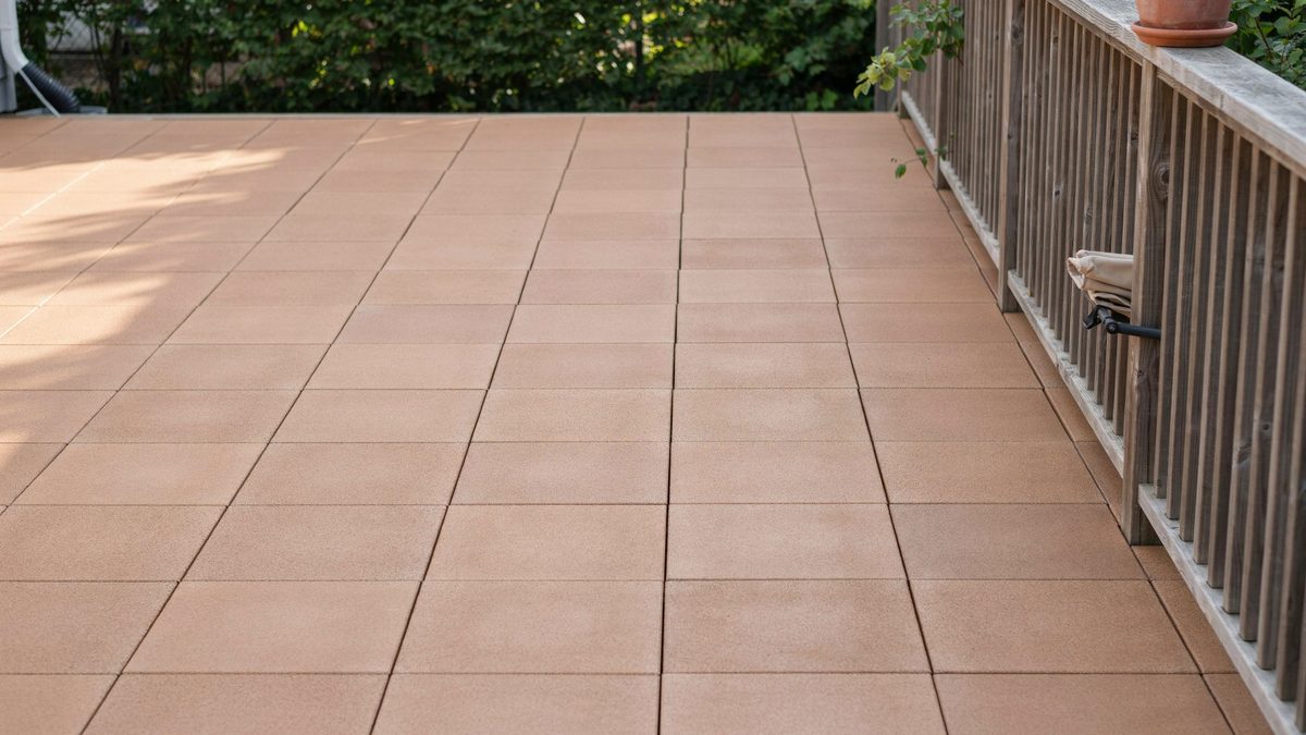 Terra cotta rubber paver tiles snapped together across a railed wood deck