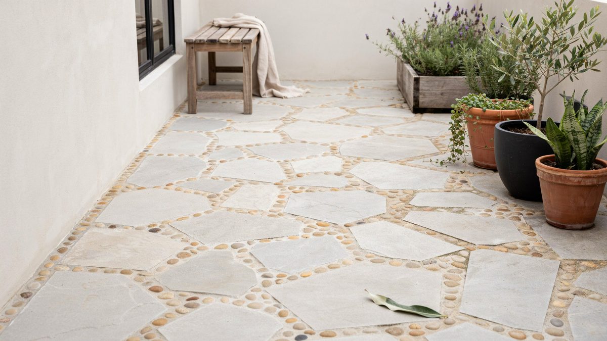 Irregular pale slabs with rounded pebbles packed between them beside planters