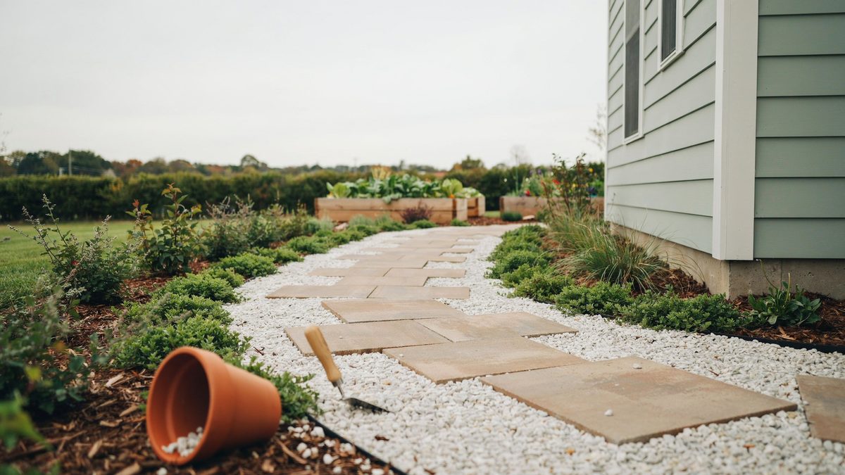 Tan concrete pavers set in white gravel beside a sage green house