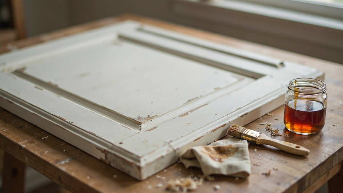 Distressed white cabinet door with sanded edges beside antique glaze and a small brush
