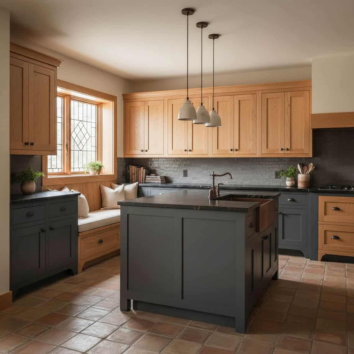 mission-inspired two-tone setup feels modern but still true to Arts & Crafts roots with flat panel oak, chunky proportions, forged iron pulls, and a built-in nook that looks custom to the architecture.